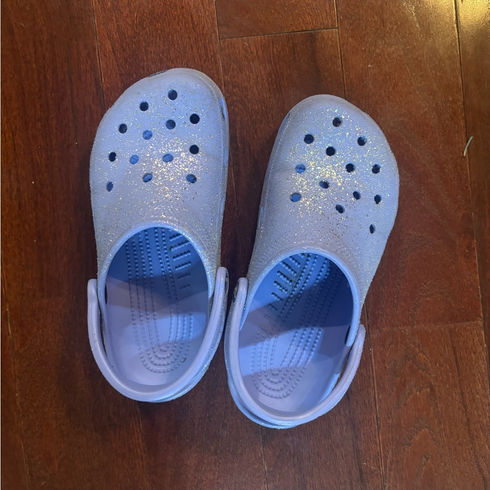 Blue/purple glitter Crocs clogs